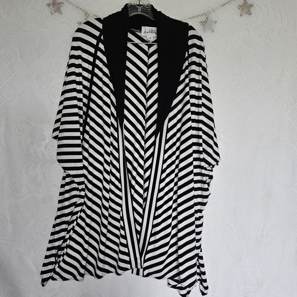 Joseph Ribkoff Small/Medium Black White Asymmetrical Stripe Open Front Cardigan